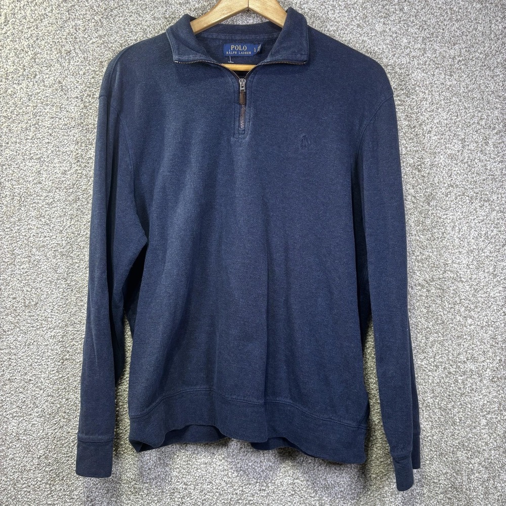 Polo Ralph Lauren Sweatshirt Mens Large Blue 1/4 Zip Fleece Pullover Mock Neck - Picture 1 of 8